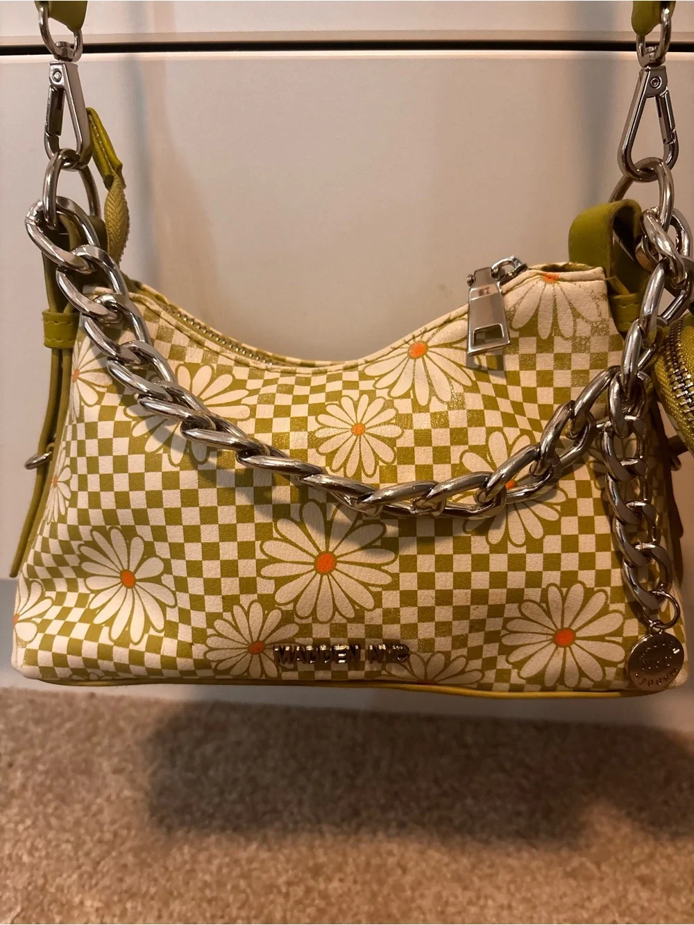 Floral Checkered Yellow Crossbody Bag with Coin Pouch